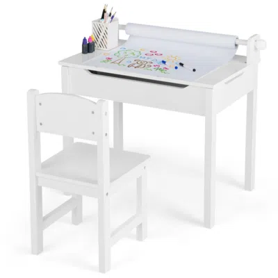 Hivvago Wooden Kids Table And Chair Set With Storage And Paper Roll Holder-white
