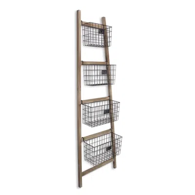 Hivvago Wooden Ladder Storage Piece With 4 Baskets In Brown
