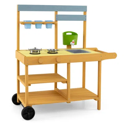 Hivvago Wooden Outdoor Mud Kitchen For Kids With Flowerpots And Wheels