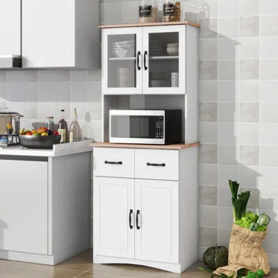Hivvago Wooden Pantry Room Microwave Storage With Framed Glass Doors And Drawer - White