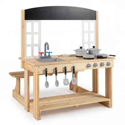 Hivvago Wooden Pretend Play Kitchen With Bench And Cooking Accessories