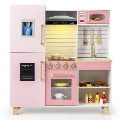 Hivvago Wooden Pretend Play Kitchen With Ice Maker Range Hood And Blackboard-pink