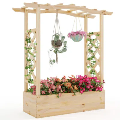 Hivvago Wooden Raised Garden Bed Planter Box With Trellis And Hanging Roof In Neutral