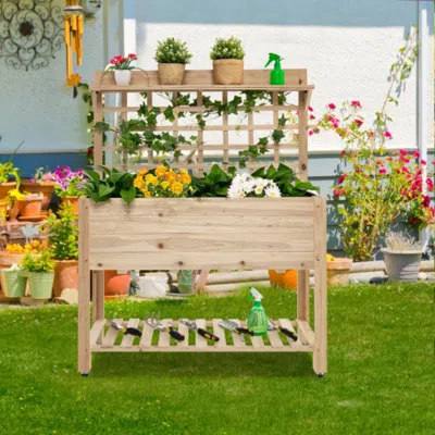 Hivvago Wooden Raised Garden Bed With Wheels Trellis And Storage Shelf In Neutral