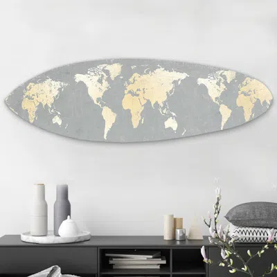 Hivvago Wooden Surfboard Wall Art With World Map Print, Gray And White