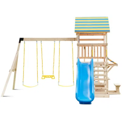 Hivvago Wooden Swing Set With Large Upper Deck Slide And Steering Wheel In Multi