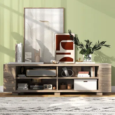 Hivvago Wooden Tv Stand With 8 Open Shelves For Tvs Up To 65 Inch Flat Screen-light Gray