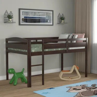Hivvago Wooden Twin Low Loft Bunk Bed With Guard Rail And Ladder-dark Brown