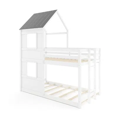 Hivvago Wooden Twin Over Twin Bunk Bed With Full-length Safety Guardrail And Ladder-white And Gray