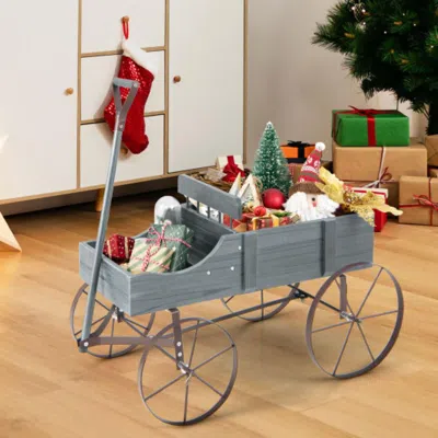 Hivvago Wooden Wagon Plant Bed With Metal Wheels For Garden Yard Patio-gray