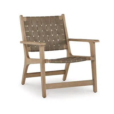 Hivvago Woven Accent Chair, Taupe Faux Leather Strips, Basket Weave Pattern, Brown