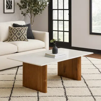 Hivvago Wrenn Cocktail Coffee Table, Marble, Rectangular 48 Inch Brown Wood