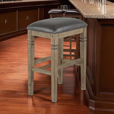Hivvago Yael Barstool, Black Faux Leather Cushioned, Taupe Mahogany Solid Wood