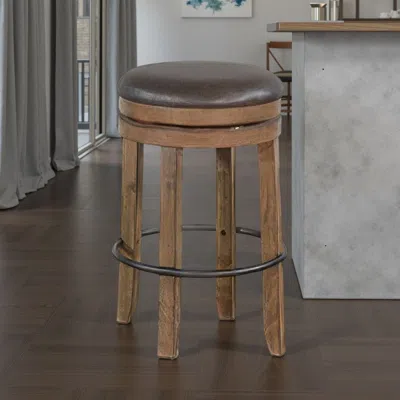 Hivvago Yael Swivel Backless Barstool Set Of 2, Gray Faux Leather, Brown Wood