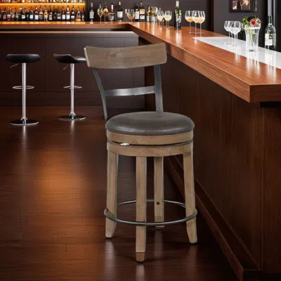 Hivvago Yael Swivel Counter Stool Chair Set Of 2, Gray Faux Leather Brown Wood
