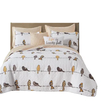 Hivvago Yellow Brown Grey Floral Birds On Wire Lightweight 7 Piece Quilt Set In White