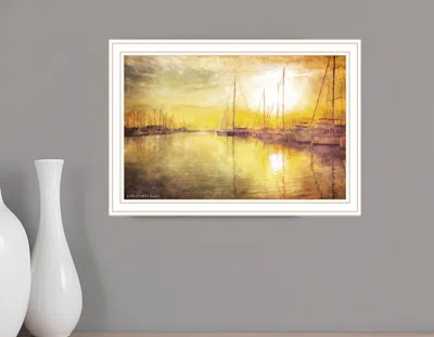 Hivvago Yellow Sunset Boats In Marina White Framed Print Wall Art