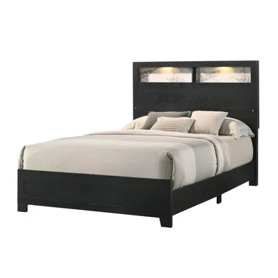 Hivvago Yoh King Size Bed, Wood, Headboard With Lights And Shelves, Black