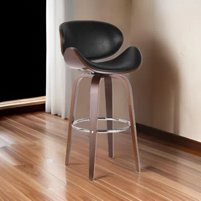 Hivvago Zaine Swivel Barstool Chair, Walnut Veneer, Black Faux Leather In Brown