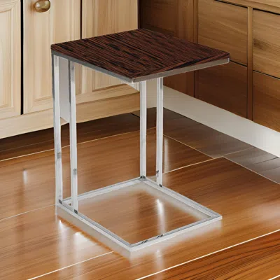 Hivvago Zen 23 Inch Side Table, Rectangular Tray Top, C Shape Chrome, Ebony Brown