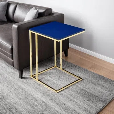 Hivvago Zen Side End Table, C Shape Gold Base, Navy Blue Lacquer Top