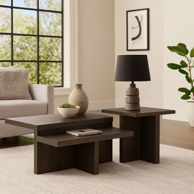 Hivvago Zeny 2pc Coffee And Side Table Set, Geometric Cross Base, Dark Brown