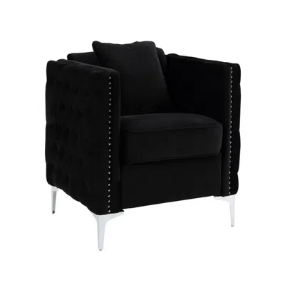 Hivvago Zion 34 Inch Accent Chair With Throw Pillow, Handmade Tufted, Black Velvet