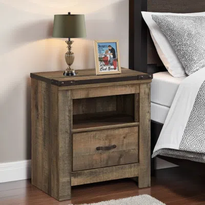 Hivvago Zoey Nightstand W Drawer And Shelf, Usb, Rustic Brown Plank Details