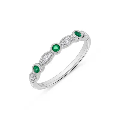 H.j. Namdar H. J. Namdar 0.19 Ct Tw Prong & Bezel Set Diamond And Emerald Stack Ring 14k White Gold Natural Emer In Green