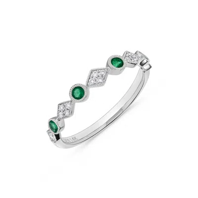 H.j. Namdar H. J. Namdar 0.25 Ct Tw Prong & Bezel Set Diamond And Emerald Stack Ring 14k White Gold Natural Emer In Green