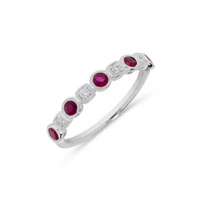 H.j. Namdar H. J. Namdar 0.5 Ct Tw Diamond And Ruby Bezel Set Stack Ring 14k White Gold Natural Rubies And Diamo In Black