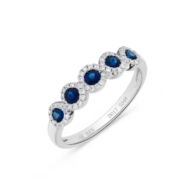 H.j. Namdar H. J. Namdar 0.6 Ct Tw 5 Stone Flushed Halo Sapphire And Diamond Ring 14k White Gold Natural Sapphir In Blue