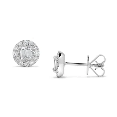 H.j. Namdar H. J. Namdar 0.65 Ct Tw Round And Baguette Diamond Halo Studs Earrings 14k White Gold Natural Diamon In Metallic
