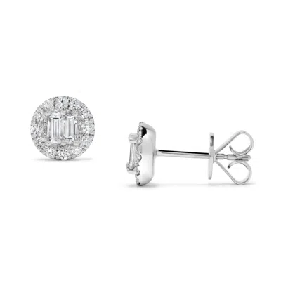 H.j. Namdar H. J. Namdar 0.65 Ct Tw Round And Baguette Diamond Halo Studs Earrings 14k White Gold Natural Diamon In Silver