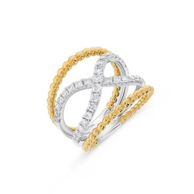 H.j. Namdar H. J. Namdar 0.67 Ct Tw Diamond Crossover Beaded Layer Ring 14k Two Tone Gold Natural Diamonds In Silver
