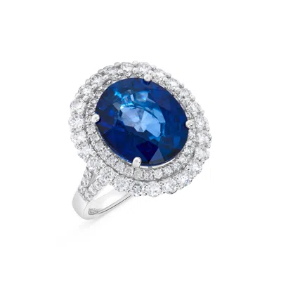 H.j. Namdar H. J. Namdar 10.23 Ct Tw Diffused Oval Shape Sapphire Double Diamond Halo Ring 18k White Gold Natura In Blue