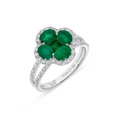 H.j. Namdar H. J. Namdar 1.9 Ct Tw Emerald And Diamond Clover Split Shank Ring 14k White Gold Natural Emeralds A In Green
