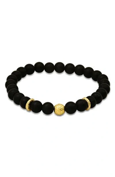 Hmy Jewelry 14k Gold Plated Sterling Silver & Lava Stone Beaded Stretch Bracelet In Gold/black
