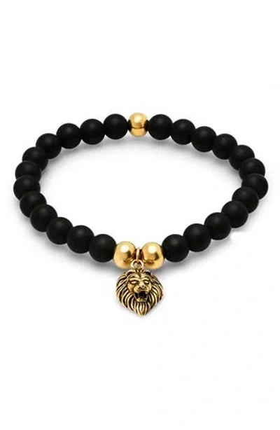 Hmy Jewelry 18k Gold Plated Stainless Steel Lion Charm Lava Beaded Stretch Bracelet In Gold/black