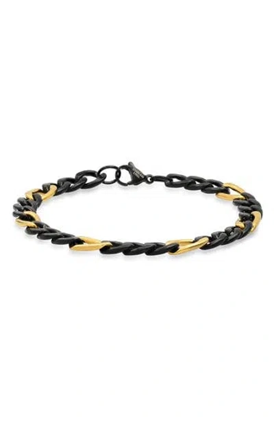 Hmy Jewelry 18k Gold Plated Stainless Steel Two-tone Figaro Chain Bracelet In Black