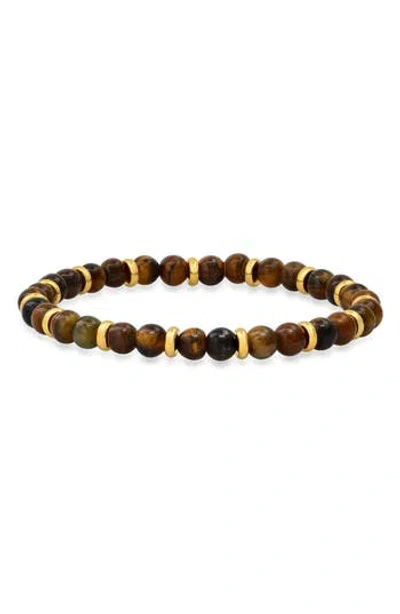 Hmy Jewelry 18k Gold Plated Tiger's Eye Beaded Stretch Bracelet In Brown/yellow