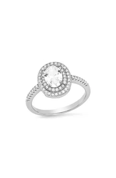 Hmy Jewelry 18k White Gold Plated Oval Simulated Diamond Double Halo Ring In Silver