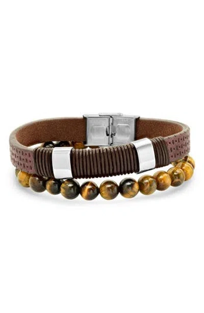 Hmy Jewelry 2-piece Leather & Tiger's Eye Beaded Bracelets In Silver/brown