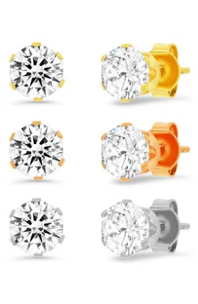 Hmy Jewelry 3-pack Cubic Zirconia Round Stud Earrings In Metallic