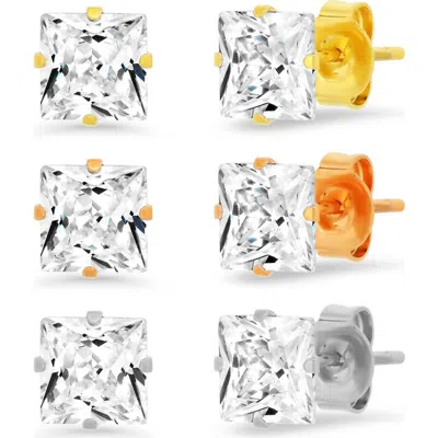 Hmy Jewelry 3-pack Cubic Zirconia Square Stud Earrings In Gold