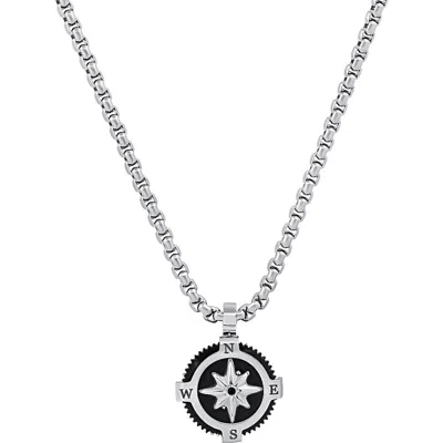 Hmy Jewelry Black Enamel Compass Pendant Necklace In Silver/black
