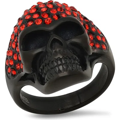 Hmy Jewelry Black Ip Stainless Steel Cz Skull Ring In Black/red