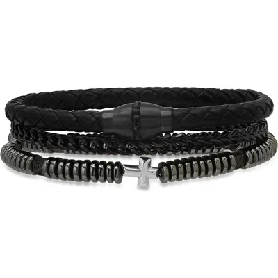 Hmy Jewelry Black Stainless Steel, Leather & Hematite Beaded Bracelets