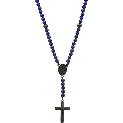 Hmy Jewelry Blue Lapis Lazuli Beaded Rosary Necklace In Black