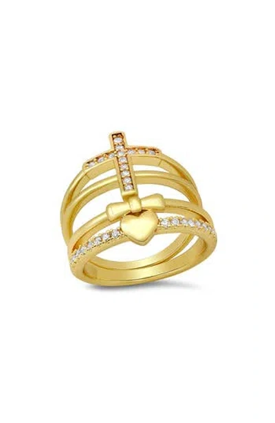Hmy Jewelry Cross & Heart Simulated Diamond Stacked Pavé Ring In Gold